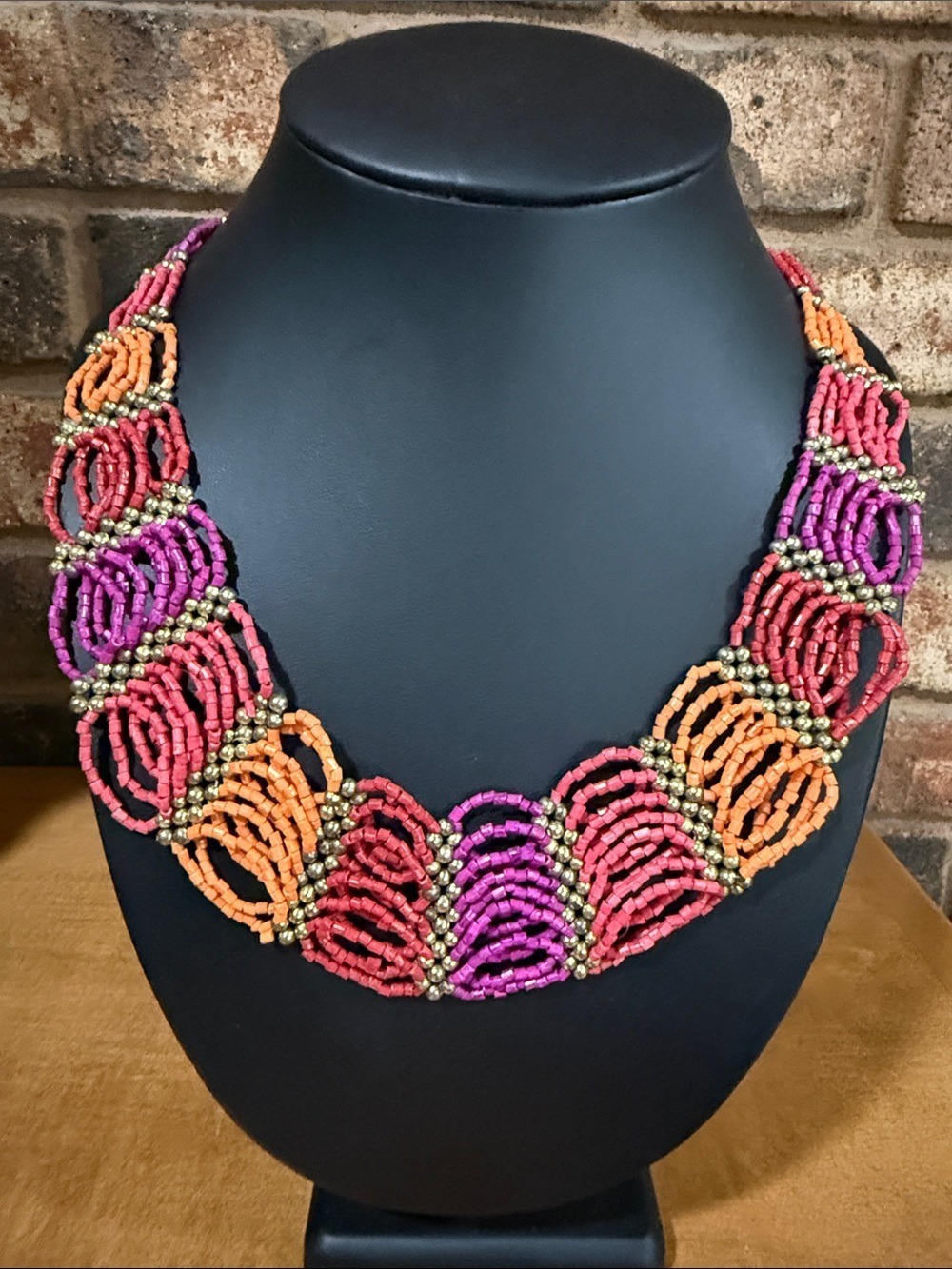 Vintage Seed Bead Pink Orange Purple multi strand necklace